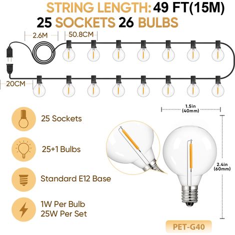 Guirlande lumineuse LED G40 incassable de 15 m (49 pi) avec 25 ampoules et prise américaine, étanche, connectable, pour extérieur, décoration de camping. (1/5)