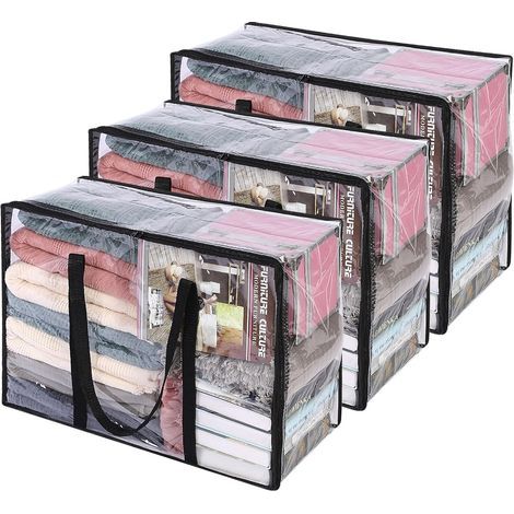 Sacs de rangement transparents pour vêtements, 3 unités, 40 l, pliables et avec fermeture éclair () (1/5)