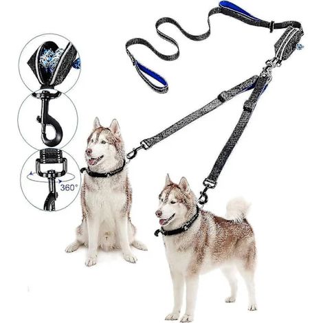 Laisse double pour 2 grands chiens (50 kg/180 lbs) avec distributeur de sacs à déjections, 2 m, réglable, réfléchissante et anti-nœuds (2 chiens)-AquaForge (1/5)