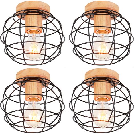 4 Pack Vintage Ceiling Light Industrial in Wood Metal Lamp E27 40W with Round Lampshade for Corridor Stairs Entrance Bedroom Black (1/5)