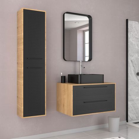 Mueble de baño 2 cajones + lavabo rectangular + columna + uby 80cm espejo