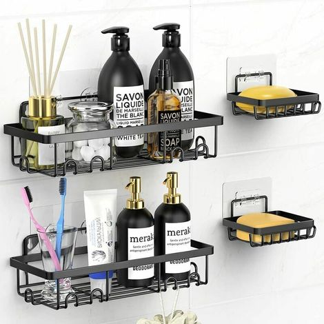 Estante de ducha con 6 ganchos, resistente al óxido, para baño, inodoro, cocina, caja de almacenamiento con jabonera, 4 piezas (1/4)
