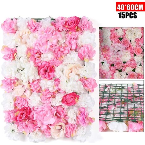 15 Piezas 60 x 40cm Panel de Pared de Flores, DIY Flor de Fondo de Rosa de Pared de Flores Artificiales para la Decoración de Bodas Celebración de Vacaciones, Rosa + Blanco (1/5)