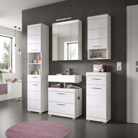 Ensemble 5 meubles de salle de bain + lampe blanc brillant - KAN