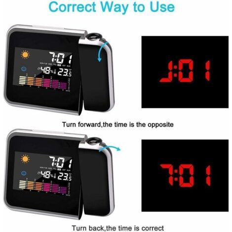 NALOOKAMIC Réveil à projection, calendrier à écran couleur, station météo personnelle pour chambre à coucher, projecteur à intensité variable, double alarme, affichage LCD, date, heure, température, h
