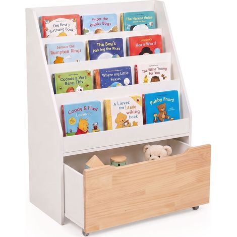Relaxdays Bücherregal Kinder, HxBxT: 80 x 60 x 30 cm, 4 Bücherfächer, Spielzeugkiste mit Rollen, Kinderregal, weiß/natur (1/5)