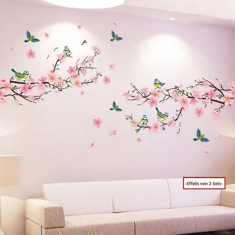 peach Blossoms & Birds I Sticker Wall Sticker Roses Cherry Tree Branch Plants For Living Room Bedroom Kitchen Hallway Kids Room