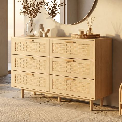 Commode en rotin et bois avec 6 tiroirs,buffet, meuble de rangement,couleur chêne,chambres, MDF,115 x 40 x 80 cm
