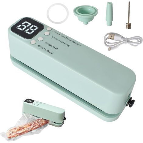 Machine Sous Vide Alimentaire,Mini Scelleuse de Sacs avec 3 Niveaux de Température,2 Adaptateur de Gonflage et 1 Adaptateur d'extraction d'air,Scelleuse à Vide Rechargeable pour Conservation (1/5)