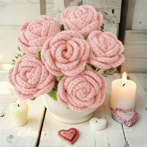 6 Pièces : Bouquet de roses au crochet fait main, cadeau DIY pour la Saint-Valentin, pour elle, la Fête des Mères, mariage ou décoration maison (1/5)