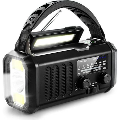 HOXILEELEO - Radio d'urgence 10 000 mAh avec lampe torche, radio solaire à manivelle, radio météo AM/FM, alarme SOS, chargement USB-C, noir