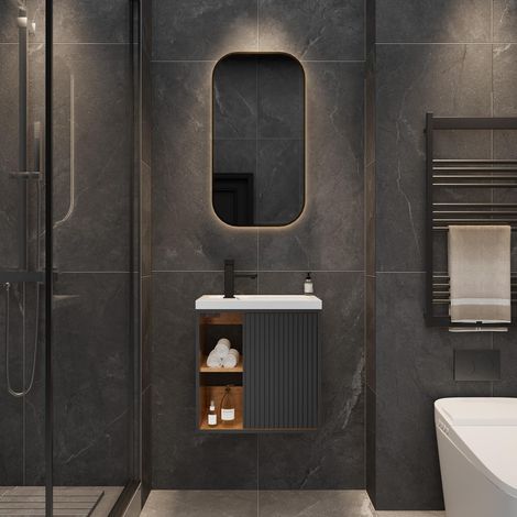 UEV Meuble Lave-Mains Mural, Meuble Lavabo Suspendu, Lavabo en Résine, Espace de Rangement Caché/Ouvert, Motif de Ligne, 51 x 30,5 x 54 cm, Gris Foncé