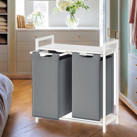Panier à Linge, 2 x 46L, 73 x 33 x 72 cm, Étagère, 2 Compartiments, 2 Sacs Amovibles, Cadre en Métal, Blanc et Gris Clair (1/5)