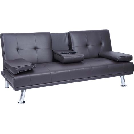 3er-Sofa HHG-179, Couch Schlafsofa Gästebett, Tassenhalter verstellbar 97x166cm Kunstleder, braun (1/5)