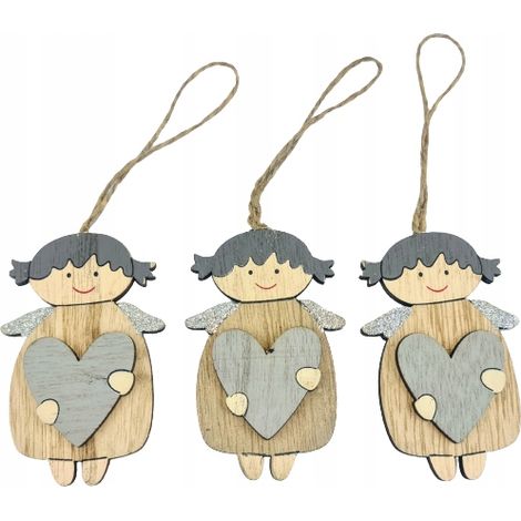 Set di 3 ciondoli a forma di angelo in legno con cuore, altezza 9 cm. (1/5)