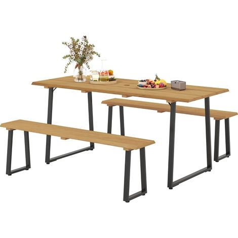 Ensemble repas de jardin 3 pièces en bois naturel avec table 178 x 76 x 77 cm et 2 bancs pour 6 personnes (1/5)