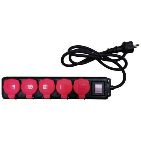 Base múltiple, 5 tomas, schuko 2p+t, con tapa, 16 a 25 0v, ip44, 1,4 m cable, c/interruptor, negra y roja, blister