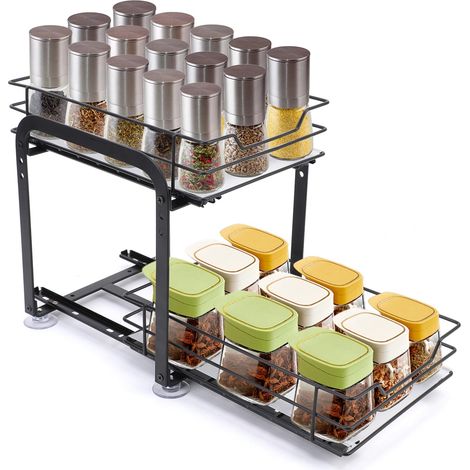Rangement de Cuisine 2 Étages Tiroir Coulissant, Organisateur de Placard en Fer avec Glissières, Range-Épices Extensible pour Rangement Cuisine Optimisé(S) (1/5)