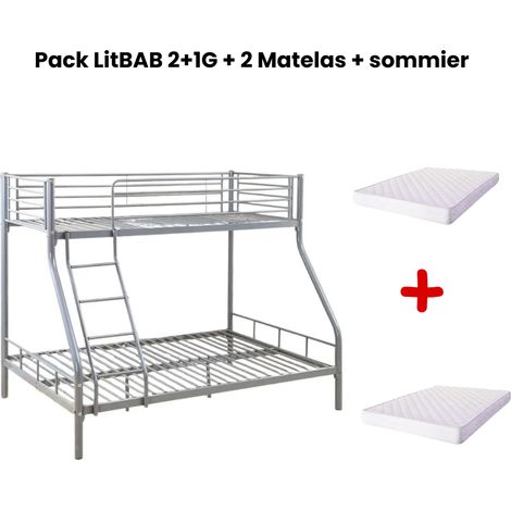 Pack: Lit superposé en métal COSTO sommier inclus + 2 Matelas 90/140x190 cm, 3 places Gris (1/4)