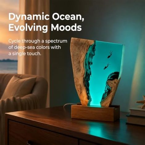 Veilleuse 3D océan, lampe de chevet, statue marine en résine époxy, décoration de plongée avec socle en bois et cable USB, lampe de nuit LED pour les amateurs de mer, salon, chambre à coucher (1/3)