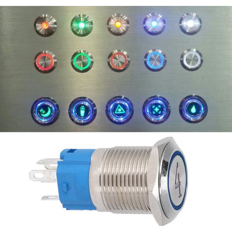 Lot de 2 interrupteurs à bouton-poussoir métalliques à 5 broches, tête plate de 16 mm, réarmement automatique avec voyant lumineux, 43-6 V CC, bleu (1/5)