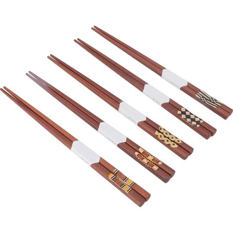 Baguettes en bois de santal rouge naturel à motif rainuré, réutilisables (5 paires) (1/5)