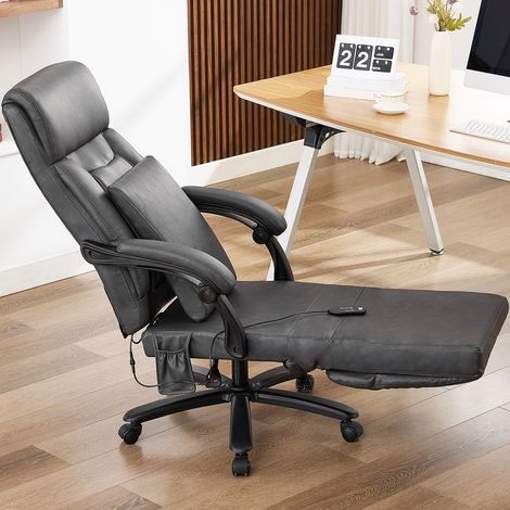 Chaise de Bureau en Cuir PU Gris avec Massage, Dossier Réglable, Pivotante 360°, Repose-Pied, Accoudoirs Rabattables, Roulettes Silencieuses (1/5)