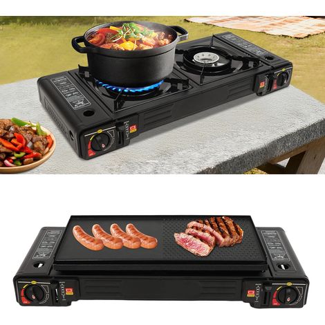 Barbecue à gaz double brûleur 2500 W avec plaque de cuisson, réchaud de camping, réchaud portable avec coffret de rangement, idéal pour la cuisine en plein air