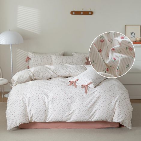 Parure de lit en Coton avec Housse de Couette et 2 nœuds Papillon et taies d'oreiller à Rayures Roses pour Grand lit (1/5)