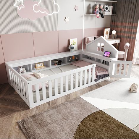 Letto bambini 90x200 cm singolo con tetto, finestra, vano portaoggetti e porta di sicurezza, senza materasso, bianco (1/5)