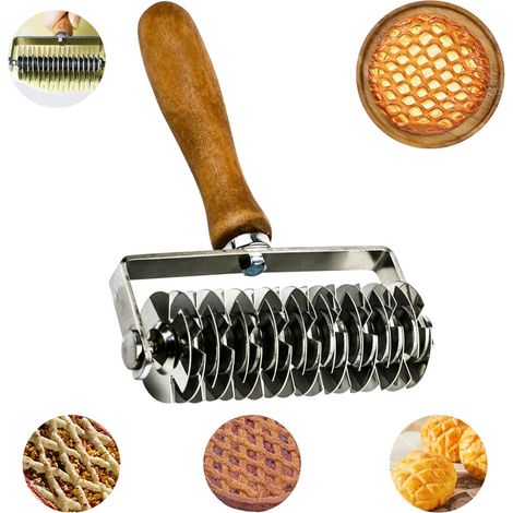 Rouleau à Losange avec Poignée en Bois, Rouleau Coupant à Losanges pour Treillages Rouleau Coupe-pâtes en Acier Inoxydable pour Biscuit, Pain, Gâteau, Pizza, Tarte (13.3 20.5CM) (1/4)