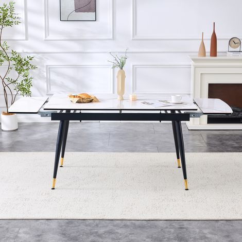 Table extensible en céramique, piètement métal noir, pieds dorés, longueur 140-200 cm, table seule sans chaises (1/5)
