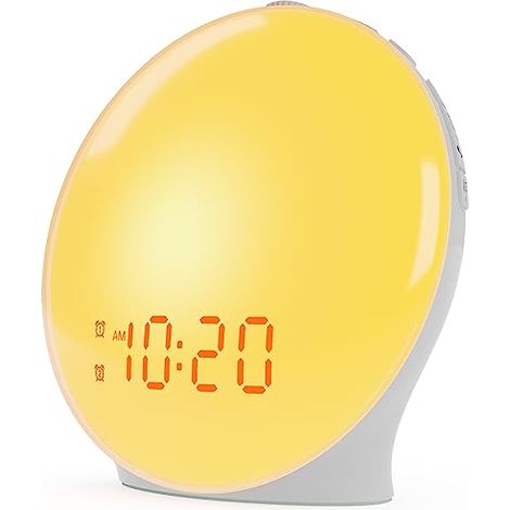 Réveil lumineux simulateur d'aube pour enfants et gros dormeurs, idéal pour la chambre. Fonction veilleuse, 7 couleurs et 7 sons naturels. Aide au sommeil, double alarme, radio FM, fonction snooze, ve (1/5)