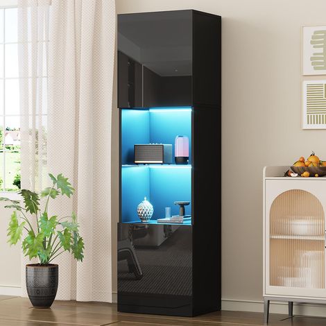 Vitrine Noire Brillante avec LED – 1 Étagère en Verre – 45 x 35 x 160 cm – Libre ou Murale (1/4)