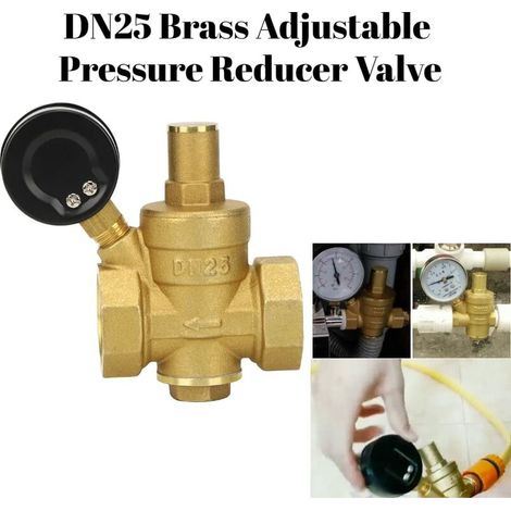 DN25 Régulateur Reducteur de Pression d'eau Réglable,  Vanne de Réduction de Pression d'eau en Laiton + Manomètre Jauge de Pression d'eau (DN25) (1/4)