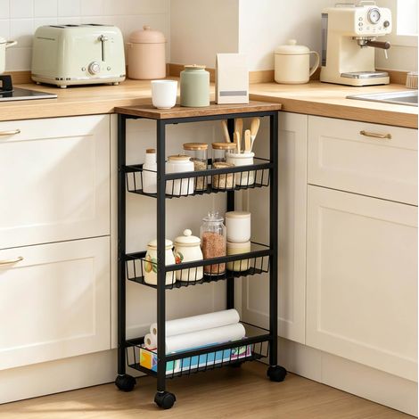 Carrello da cucina su ruote, 4 livelli, 3 cestelli, nero e legno vintage DESVIAE (1/5)