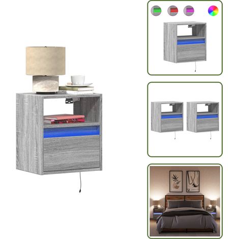The Living Store Wand-Nachttische mit LED-Leuchten 2 Stk. Grau Sonoma - LED-Beleuchtung (1/5)