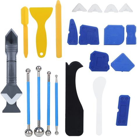 Kit de 22 pièces pour mastic plastique, colle à verre, calfeutrage et résine : spatule, raclette, outil de couture et de finition. (1/5)