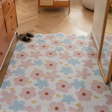 Été en pleine floraison [Disposition verticale] 5080cm Boucle de soie Tapis de sol miniature à boucles, résistant, antitache et anti-usure, idéal pour enlever la boue et la saleté de l'entrée. Person (1/5)