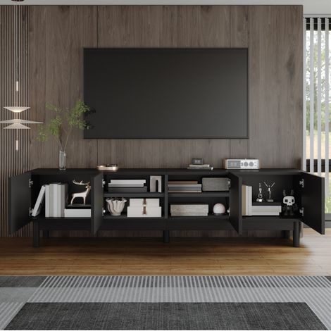 Mueble TV 169x34x45,5 cm negro con 4 puertas y almacenaje con estantes (1/5)
