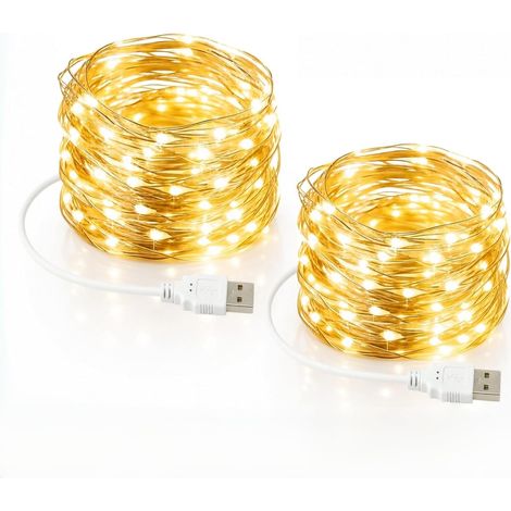 Lot de 2 guirlandes lumineuses LED avec USB, étanchéité IP65, 5 m, 50 micro LED argentées, fil de cuivre, guirlandes lumineuses pour Noël, sapin de Noël, fête, jardin, mariage, décoration, blanc chaud (1/5)