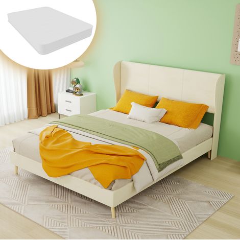 Letto matrimoniale 140x200 cm, con testiera imbottita in tessuto e metallo, beige, senza materasso (1/5)