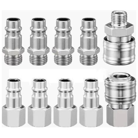 Kit de 10 raccords rapides pneumatiques pour compresseur, 1/4" BSP, raccord rapide, raccord d'air, tuyau, connecteur d'air comprimé, mâle et femelle (1/5)