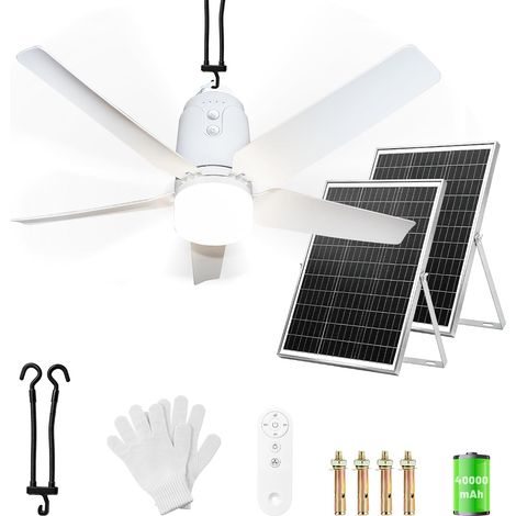 80CM Solar Ceiling Fan with Outdoor Lighting, 60W Solar Panel and 40000mAh Battery, Large Fan with Remote Control - for Camping, Gazebo, Patio, Tent, Chicken Coop (1/5)