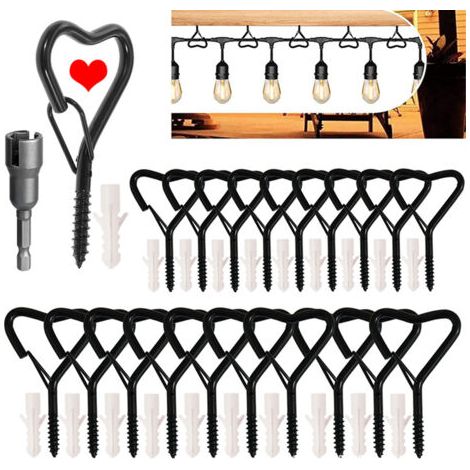 Lot de 20 crochets à visser avec boucle de sécurité, crochets pour lumières extérieures, crochets muraux pour suspendre plantes, tasses, carillons, pots de fleurs (type cardioïde noir) (1/5)