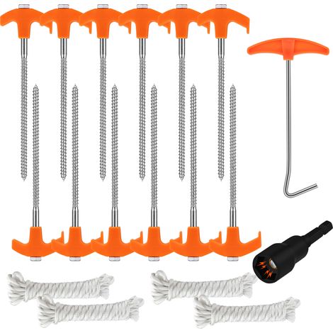 Ortviai Lot de 18 Piquets de Tente à Visser Robustes - Sardines à Vis en Métal pour Camping - Ancrages au Sol avec Adaptateur pour Perceuse, Cordes et Crochet en T - Orange (1/5)