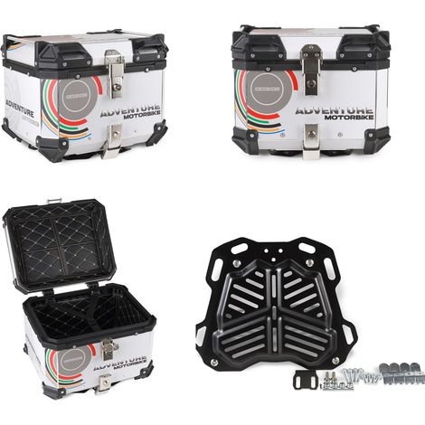 Maleta superior de aluminio para motocicleta + placa de 45 L con revestimiento gráfico blanco (1/5)