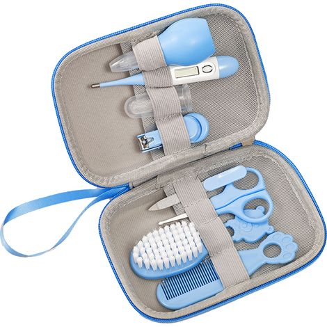 Kit de soins bébé 8 pièces bleu : thermomètre, coupe-ongles, trousse de toilette portable pour nourrisson, accessoires de puériculture (1/5)