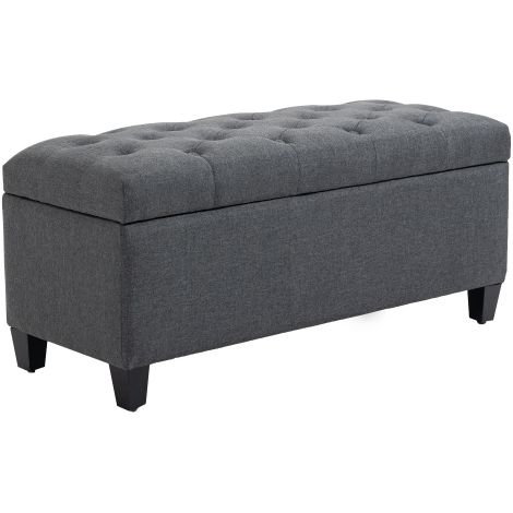 Banc de rangement rembourré — banc gris foncé en polyester texturé imitation lin et bois d'hévéa. (1/5)