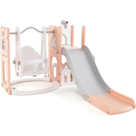 Set gioco bambini altalena basket telescopio portaoggetti 7 in 1 scivolo altalena L grigio rosa (1/5)